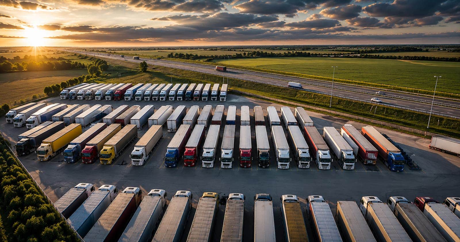 Commercial truck parking lot with semi trucks parked overnight near a major freight corridor